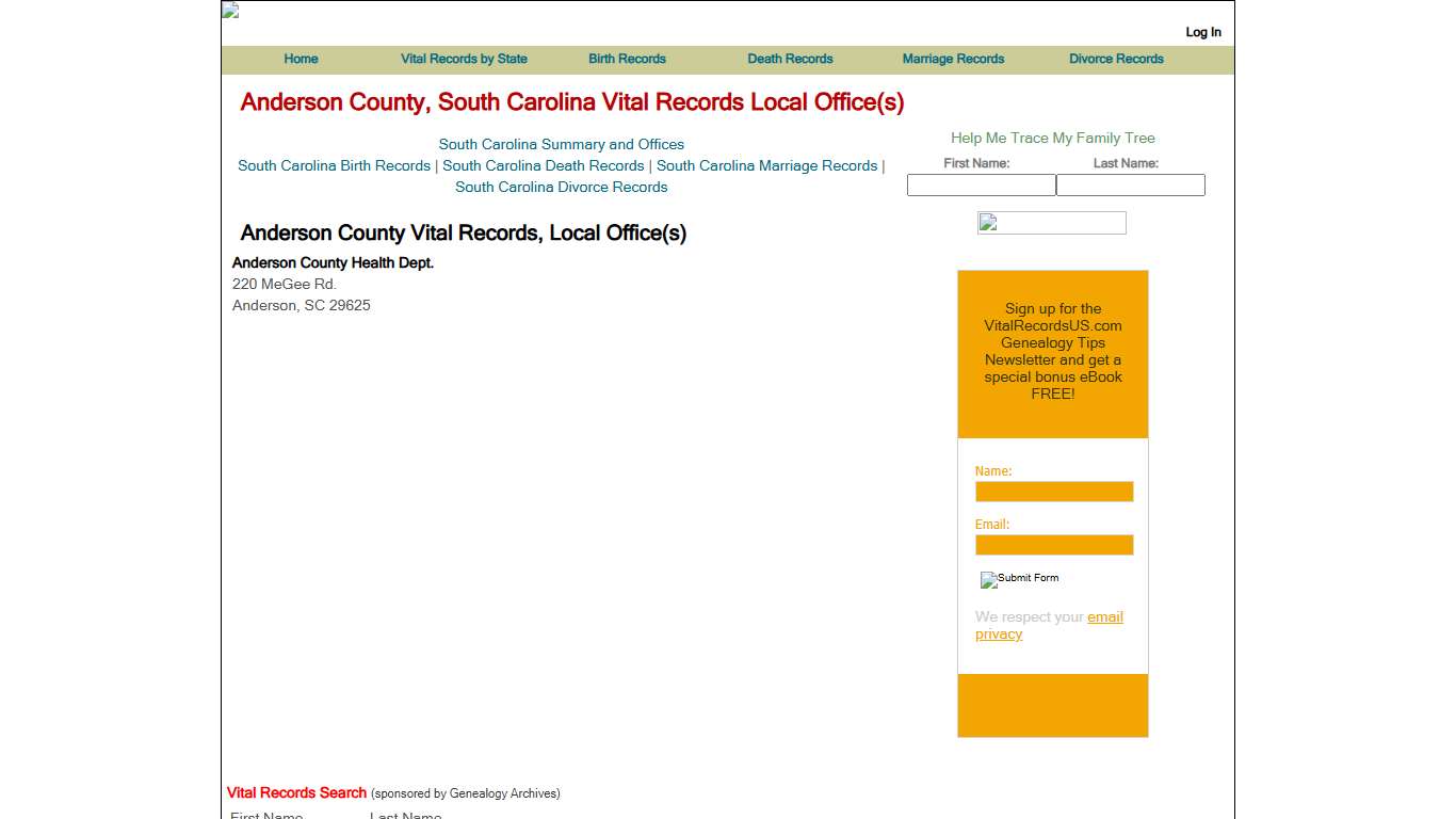 Anderson County, South Carolina Vital Records Local Office(s) - Vital Records US