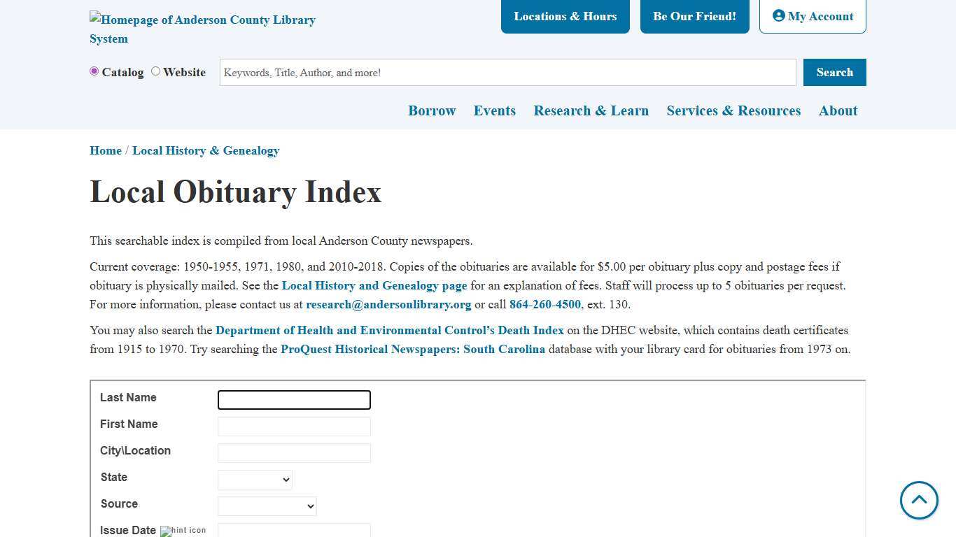 Local Obituary Index | Anderson County Library System